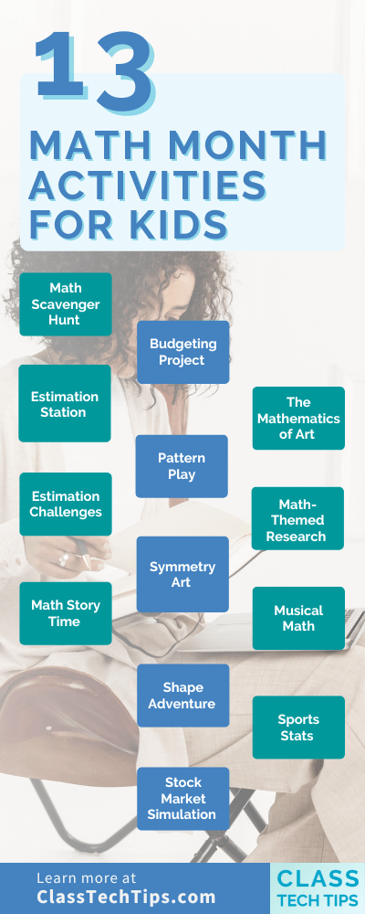 Vertical infographic titled "13 Math Month Activities for Kids" with a semi-transparent design that allows the image of a curly-haired adult in the background to be partially visible. The infographic lists activities such as Math Scavenger Hunt, Estimation Station, Budgeting Project, and others, each in individual teal-colored blocks. The bottom of the infographic invites readers to learn more at ClassTechTips.com.