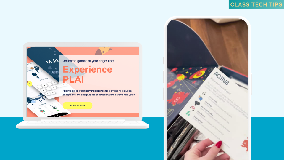 A split image: on the left, a laptop displays a webpage with the headline "Experience PLAI" which advertises an AI-powered app for personalized games and activities, aimed at educating and entertaining youth. A button below invites to "Find Out More". On the right, a person is holding an Activ8 welcome card, with a blurred open box in the background. 