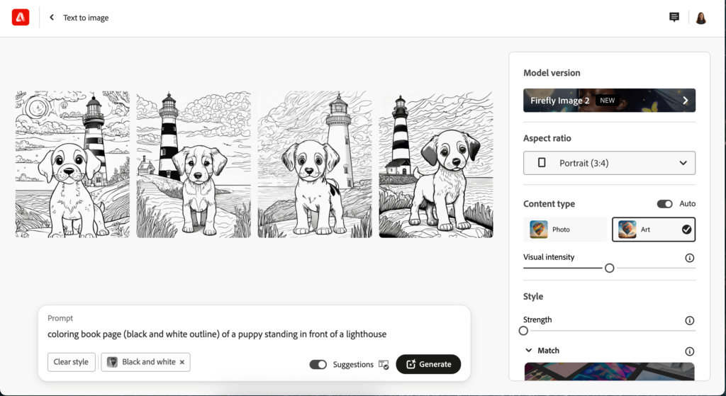 Screenshot of Adobe Firefly showing how a teacher can make a coloring book page with AI using this tool.