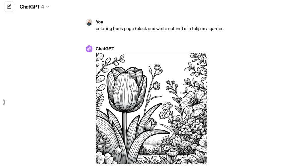 Screenshot of ChatGPT from OpenAI showing how a teacher can make a coloring book page with AI using this tool.