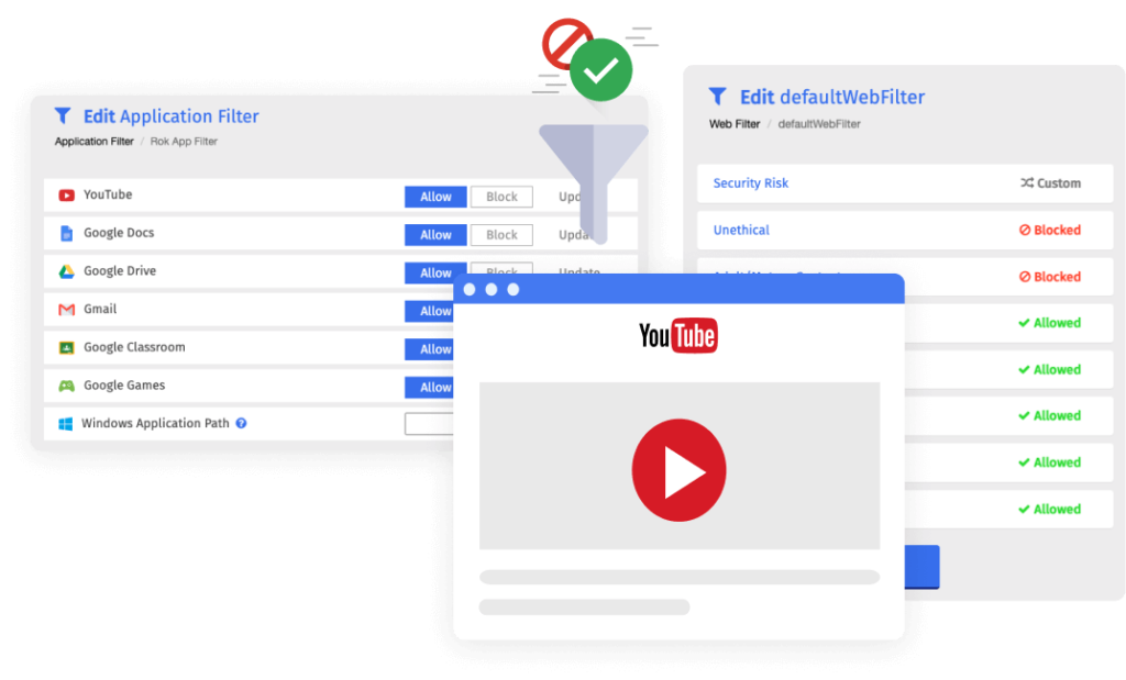 Graphical user interface of an application filter system, featuring customizable settings for allowing or blocking websites and services such as YouTube and Google apps for enhanced online safety management.