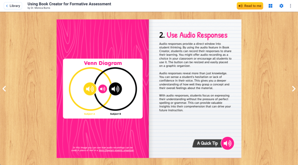 A page from a book titled "Using Book Creator for Formative Assessment" with a Venn diagram titled "Venn Diagram" and text boxes labeled "Subject A" and "Subject B". The text below the diagram highlights how audio responses can be used instead of text in a Venn diagram graphic organizer.