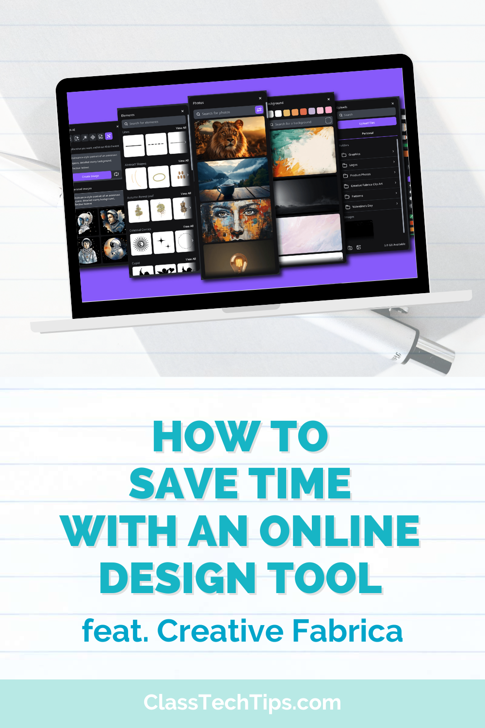 A tablet displays the Creative Fabrica online design tool interface with various graphic elements, alongside text "How to Save Time with an Online Design Tool feat. Creative Fabrica" for educators.
