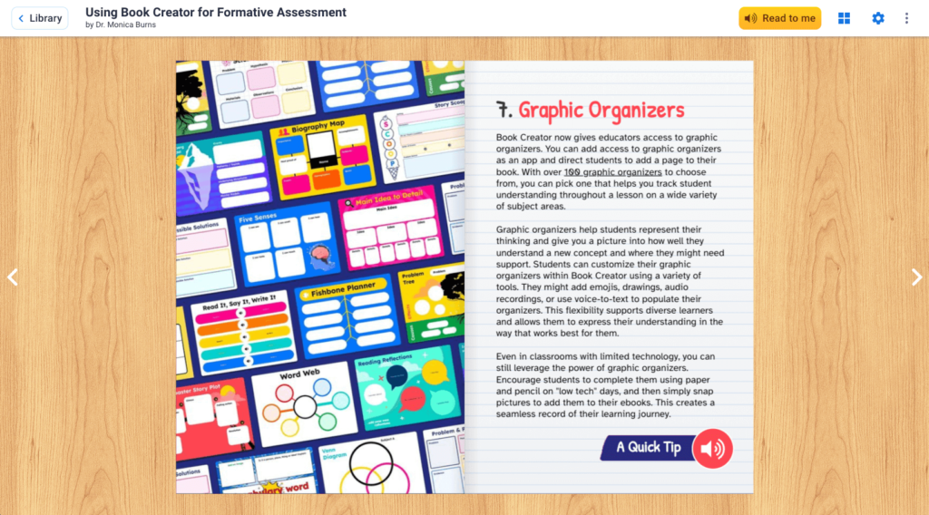 A screenshot of a webpage from the ebook "Using Book Creator for Formative Assessment" by Dr. Monica Burns. It displaysa side-by-side comparison of two graphic organizers: a fishbone diagram and a word web. Text mentions the value of using Book Creator to create these visuals for formative assessment.