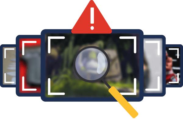An illustration showing a series of tablet frames in focus under a magnifying glass, with a red alert symbol above, indicating a focus on digital scrutiny or monitoring.