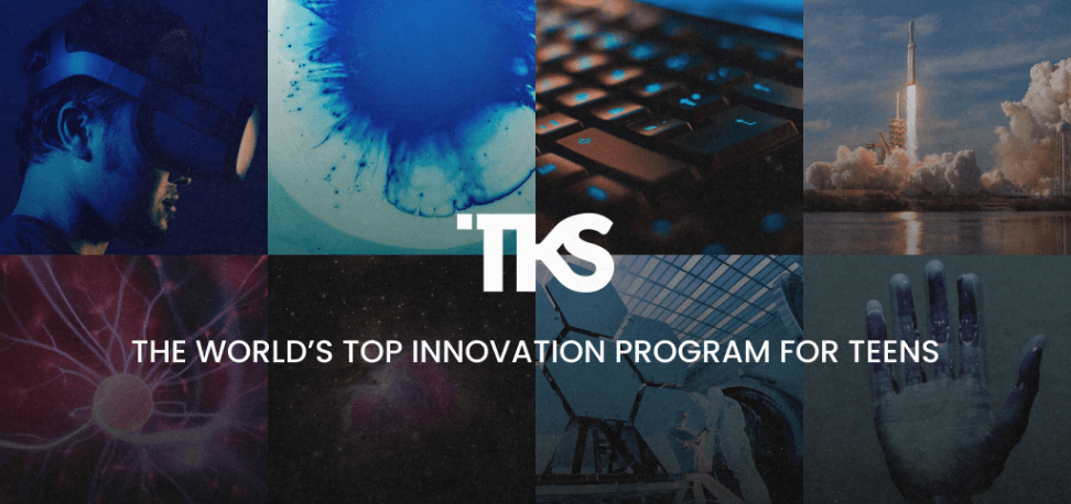 The TKS Innovation Program logo displayed on a white background. The logo features bold blue text that reads 'TKS' and a tagline below that reads 'The World's Top Innovation Program for Teens'.