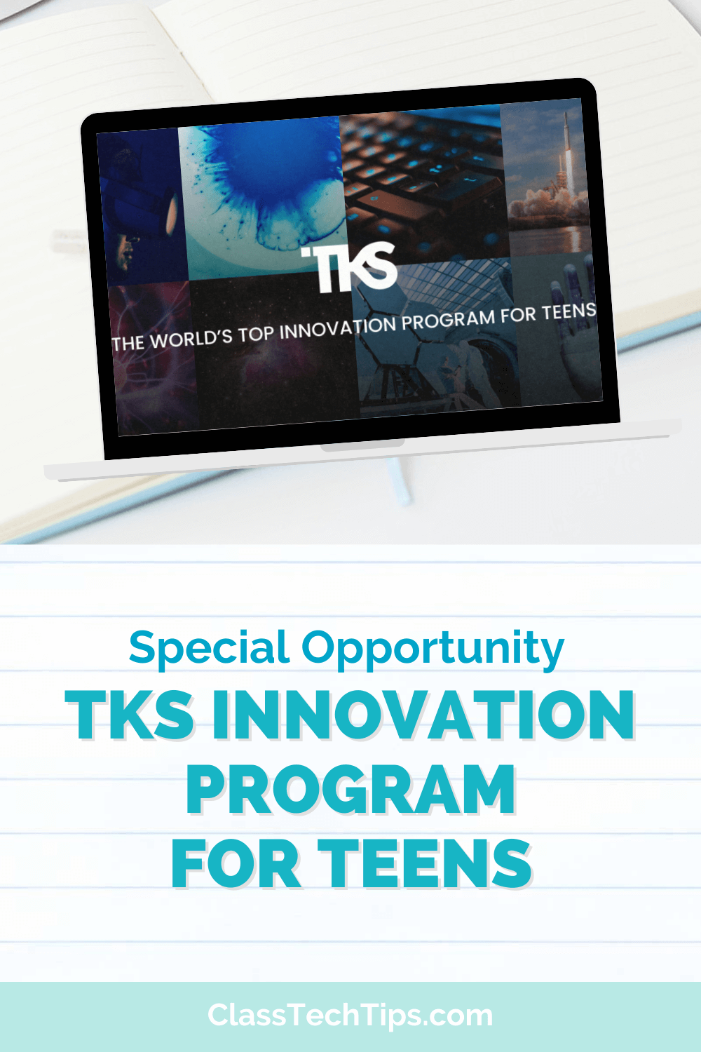 A computer screen displaying the TKS Innovation Program for Teens website. Text on the screen highlights it as the world's top innovation program for teens.