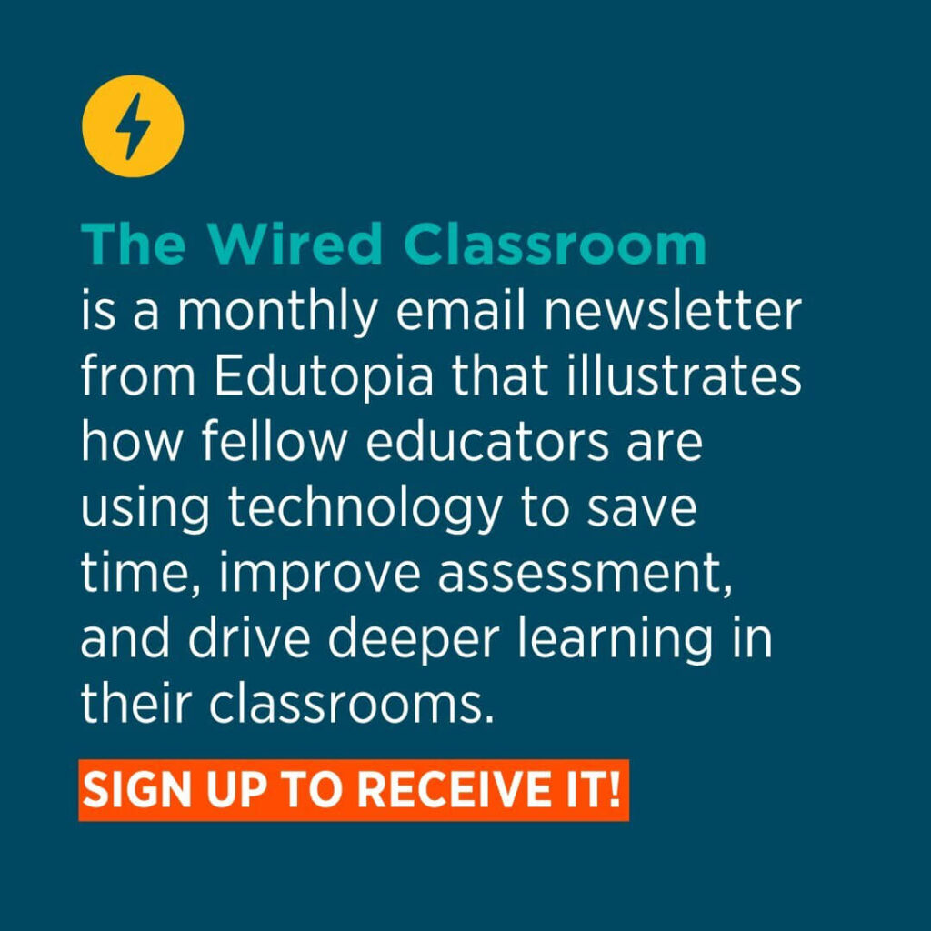 A graphic with a dark teal background featuring an invitation to sign up for "The Wired Classroom," Edutopia's newsletter that helps educators use tech to save time and enrich learning.