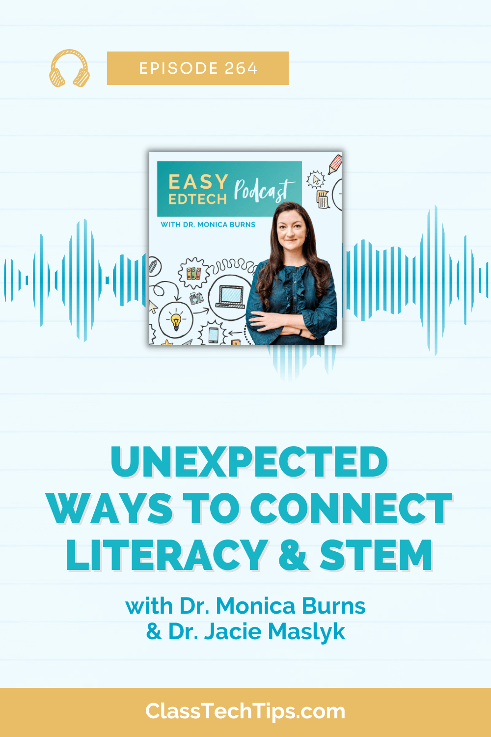 Promotional image for Easy EdTech Podcast Episode 264 featuring Dr. Monica Burns and Dr. Jacie Maslyk, with the title 'Unexpected Ways to Connect Literacy & STEM'.