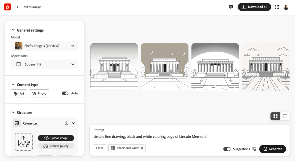 Screenshot of a coloring book page made with the digital tool Adobe Firefly to create a image of the Lincoln Memorial.