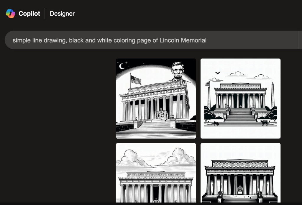 Screenshot of a coloring book page made with the digital tool Microsoft Copilot designer.