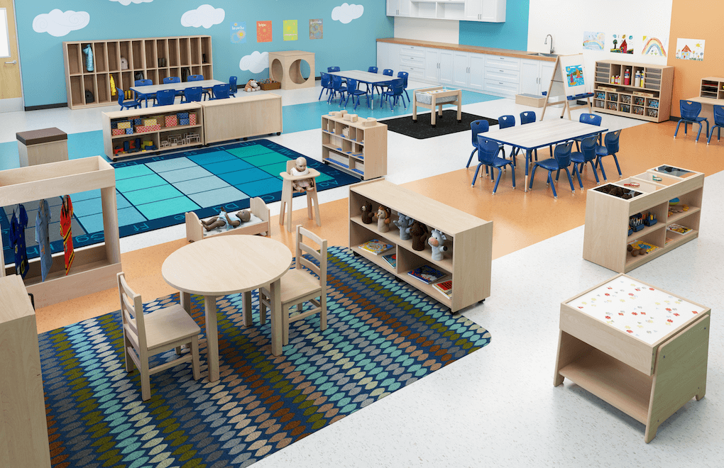 Spacious classroom setup showcasing a variety of seating and storage options by School Specialty, inviting entries for a chance to win a school makeover.