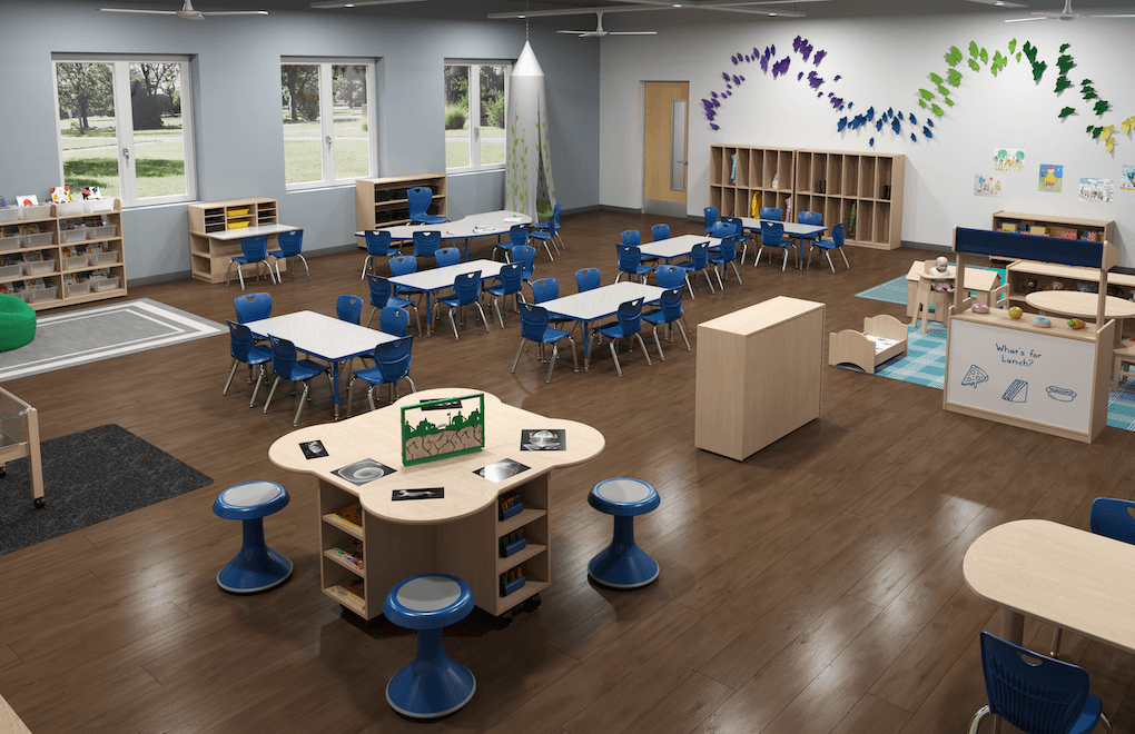 Bright and colorful elementary classroom featuring modern furniture and educational resources, part of the School Specialty makeover contest.