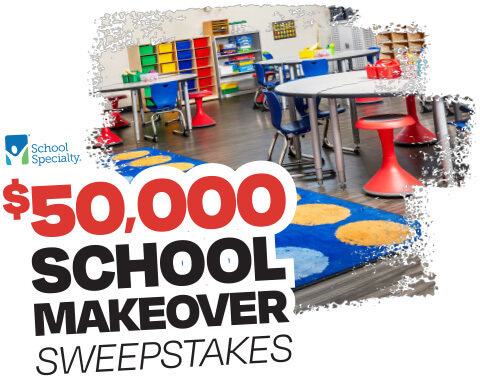 Promotional image for School Specialty's $50,000 School Makeover Sweepstakes featuring a colorful classroom with modern furniture and educational supplies.