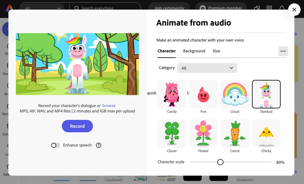 Adobe Express interface showcasing the "Animate from audio" feature. The screen displays a selection of animated characters, including a unicorn character named Stardust. Users can record their dialogue to animate the character, with options to browse audio files and enhance speech. This feature allows for creative and engaging animated videos.