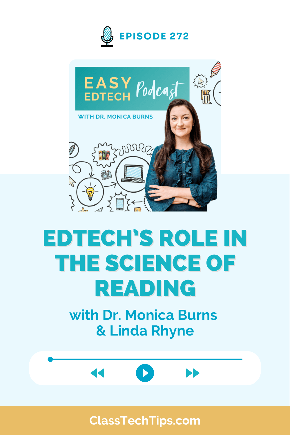 Discover how EdTech supports the Science of Reading and cross-curricular learning in Episode 272 of the Easy EdTech Podcast. Dr. Monica Burns and Linda Rhyne discuss leveraging technology, including AI, for student literacy. The image shows Dr. Monica Burns with podcast graphics.