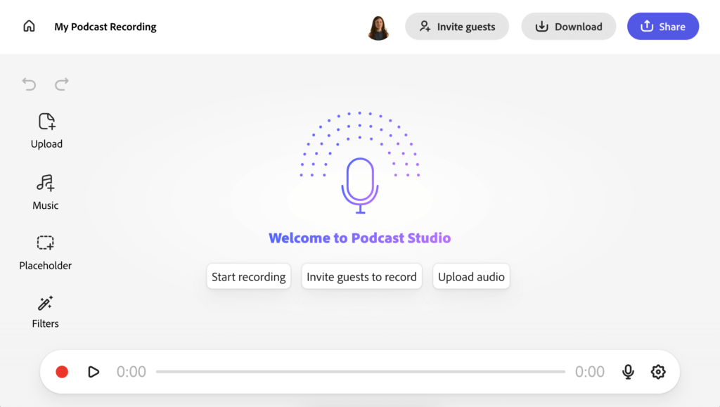 Podcast recording interface for Adobe Podcast, one of the recommended tools to replace Flipgrid, featuring options to start recording, invite guests, and upload audio.