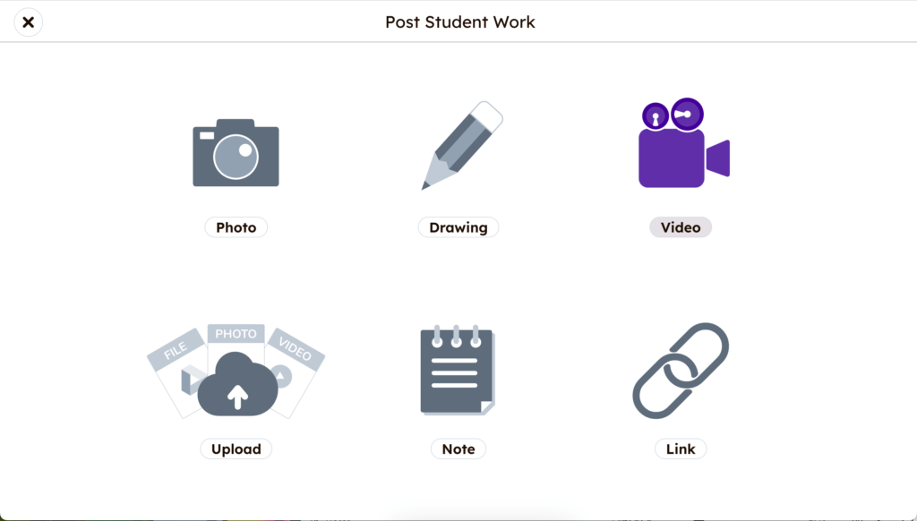 Seesaw interface showing options for photo, drawing, video, upload, note, and link, included in the list of 9 websites to replace Flipgrid.
