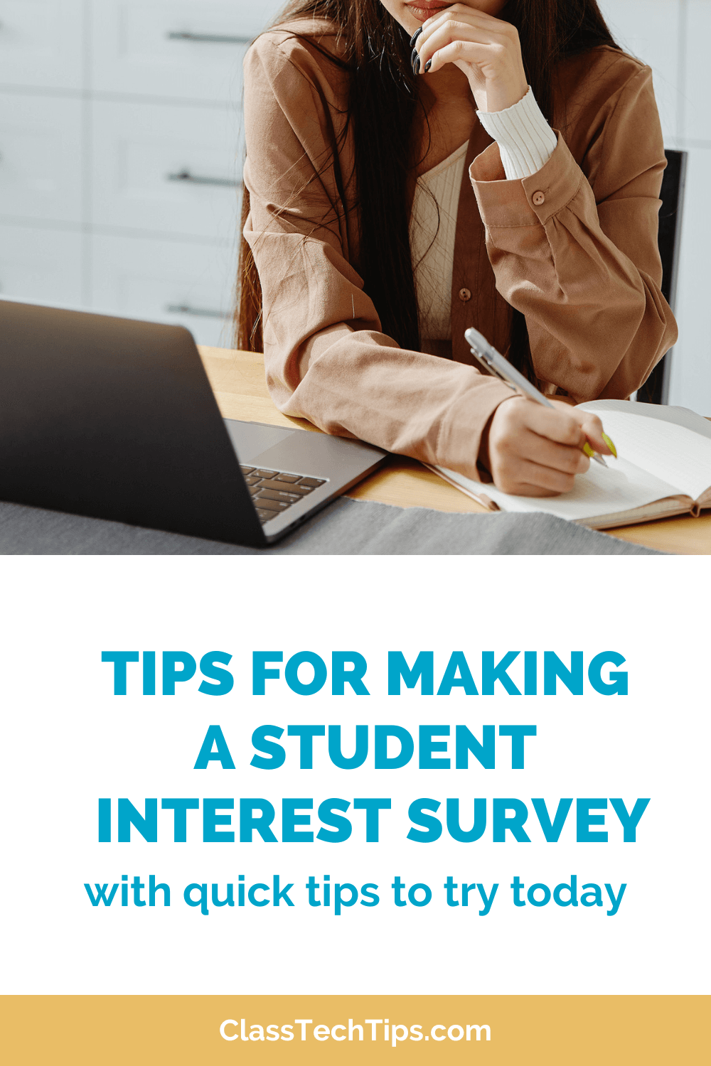 Teacher writing notes while preparing a student interest survey to enhance engagement and learning in the classroom.