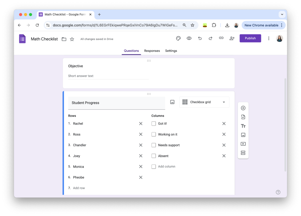 Google Forms checklist example using a checkbox grid to track student progress—an easy way to make a checklist with Google Forms.