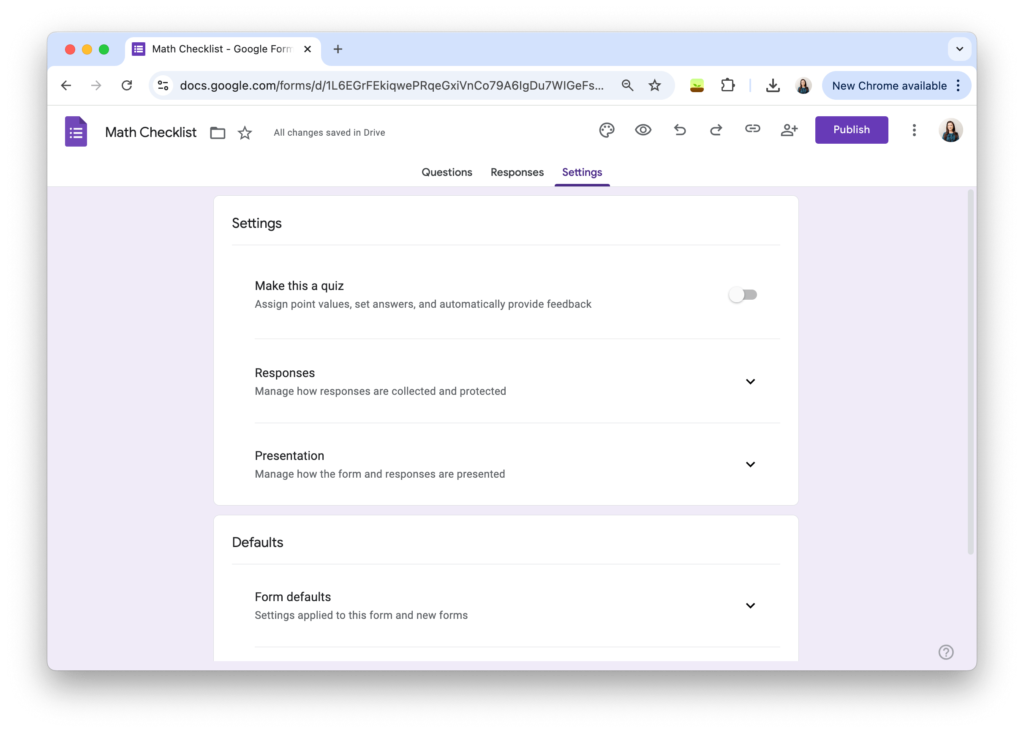 Google Forms settings screen used when you make a checklist with Google Forms to collect and manage student data.