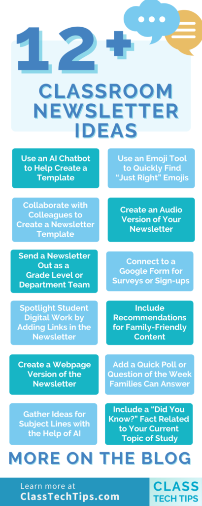 Infographic featuring 12+ classroom newsletter ideas for teachers, including tips for using AI tools, emojis, student work, and digital links.