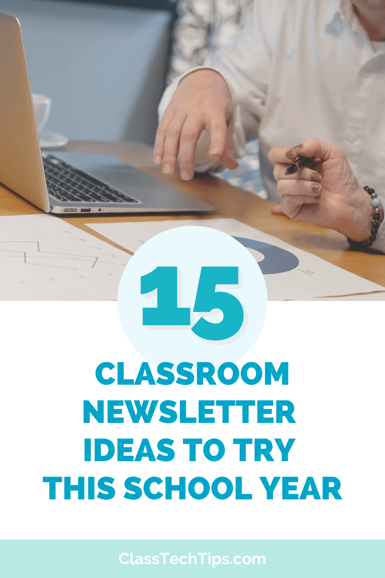 Photo promoting classroom newsletter ideas with a teacher planning content on a laptop, perfect for organizing weekly or monthly updates.