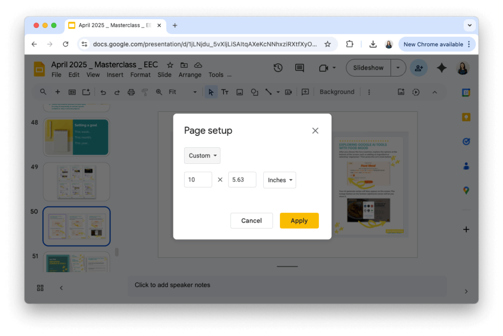 Custom page setup in Google Slides for teachers, showing how to change slide dimensions to create printable or digital formats.