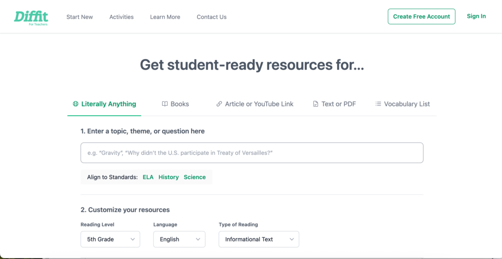 Screenshot of the Diffit for Teachers platform showing how educators can teach vocabulary by generating student-ready resources from any topic.