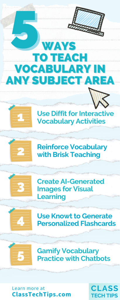 Infographic listing 5 ways to teach vocabulary in any subject area, including tools like Diffit, Brisk Teaching, and personalized flashcards.