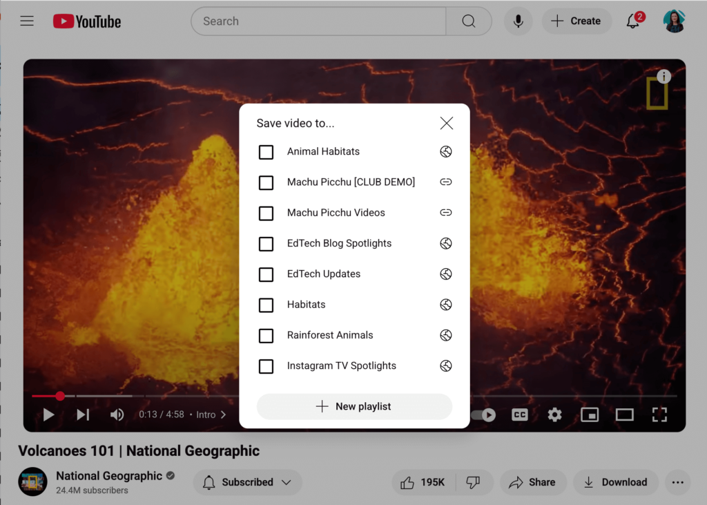 YouTube new playlist popup with title and visibility options, part of the how to make a YouTube playlist tutorial for teachers.