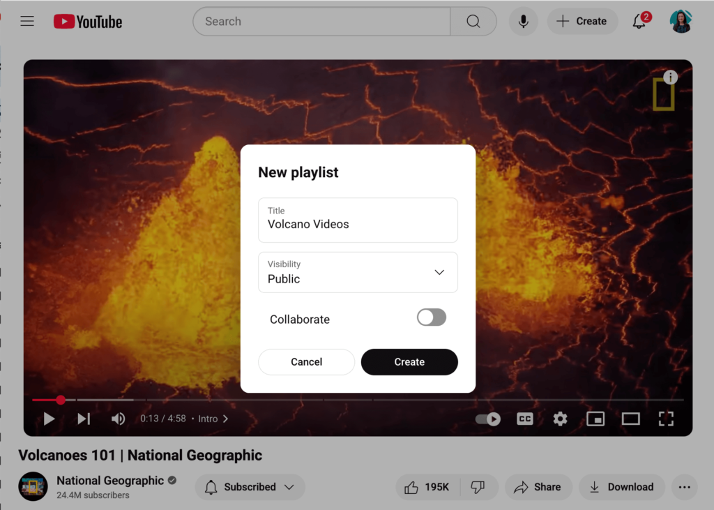 Creating a playlist on YouTube shown through the video interface—step-by-step guide for educators making student video collections.