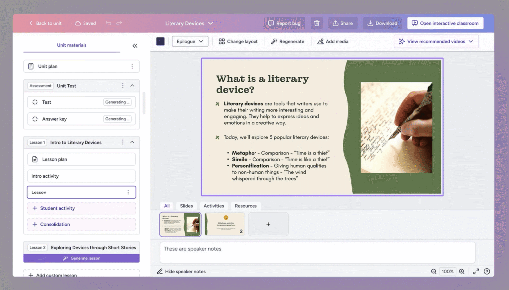 TeachAid interface for creating a new unit with AI, featuring dropdowns for curriculum, grade, and learning standards.