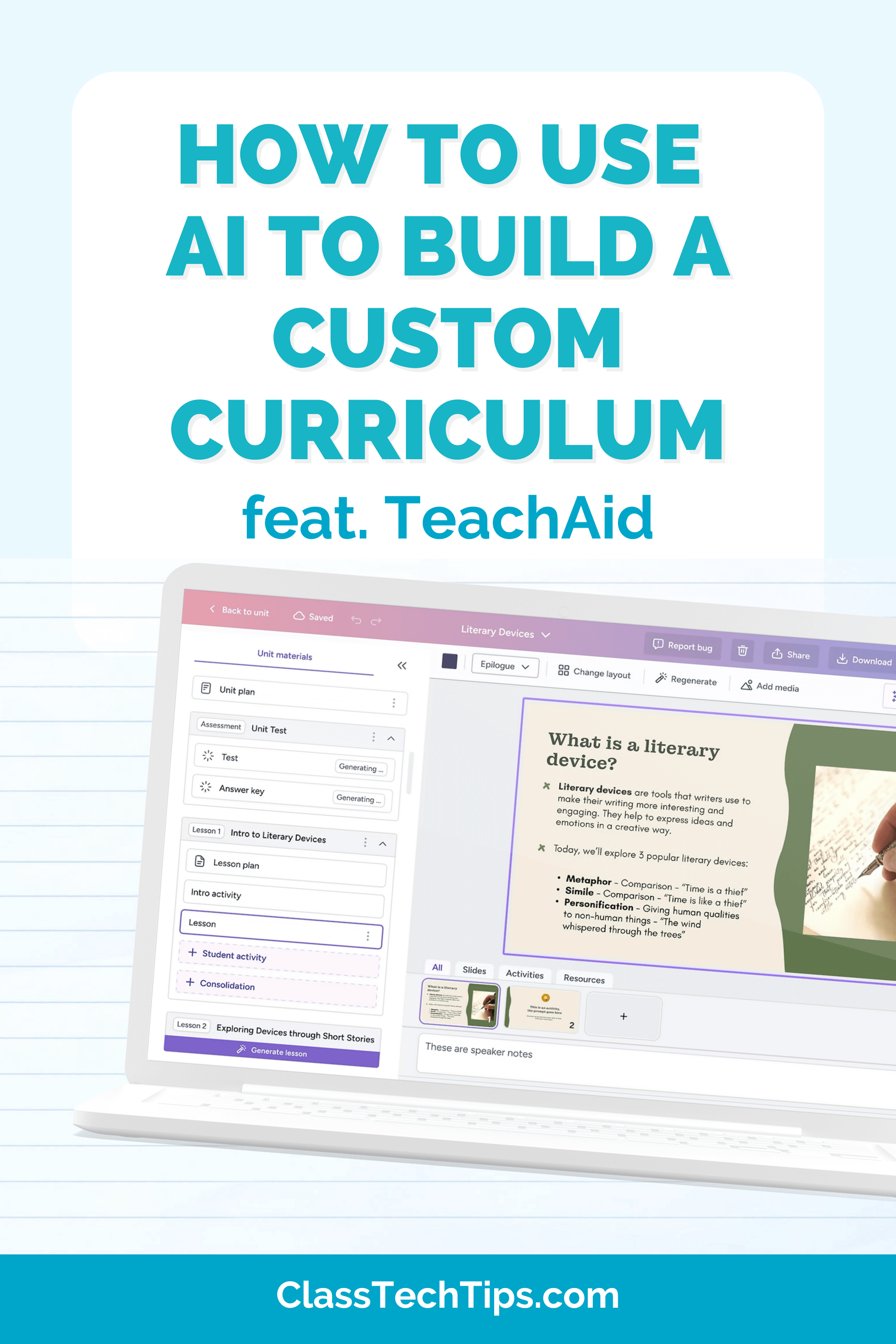 Banner image featuring TeachAid and the phrase “How to Build a Custom Curriculum with AI” for educators using technology tools.