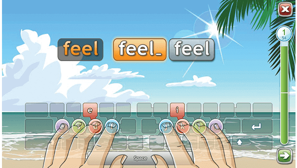 Typing game scene from TypeTastic that helps reinforce keyboarding tips for students through hands-on typing activities.