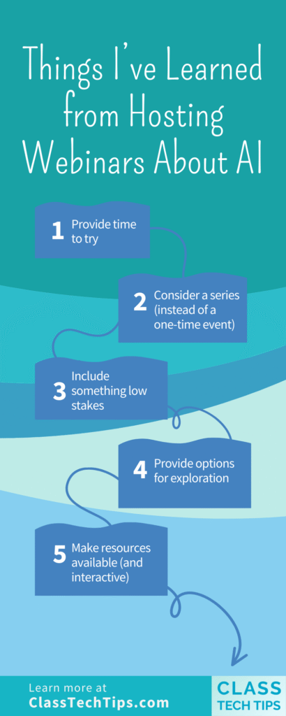 Infographic listing five key lessons from hosting webinars about AI, including providing time to try, low-stakes activities, and resource sharing.