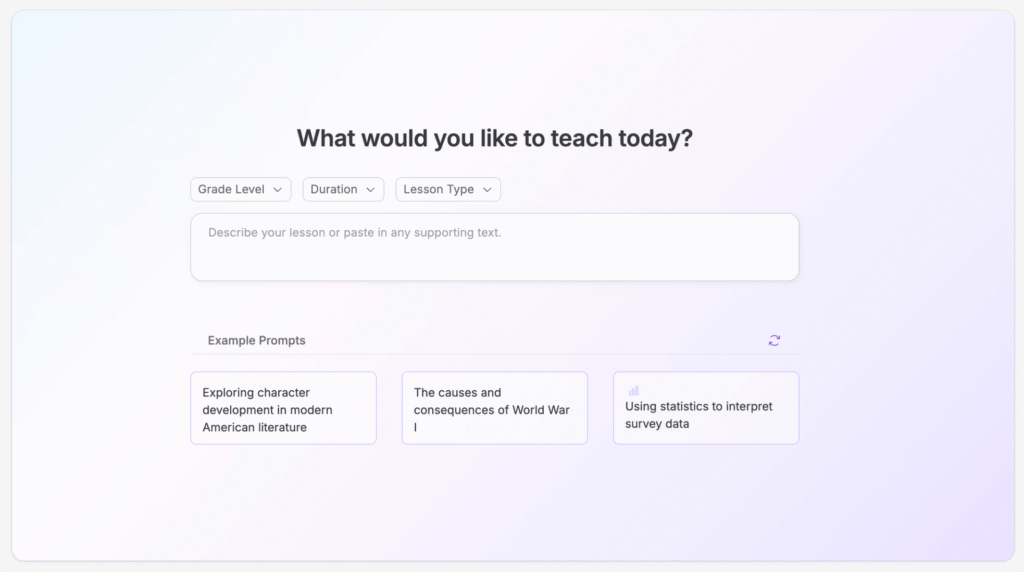 AI teaching assistant lesson creator interface for generating complete lessons with grade level, duration, and lesson type.