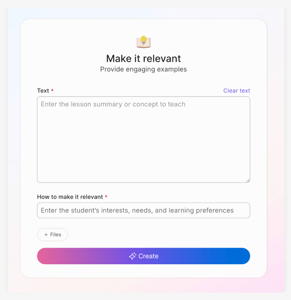 Screenshot of AI teaching assistant showing make it relevant tool for tailoring lessons to student needs and learning styles.