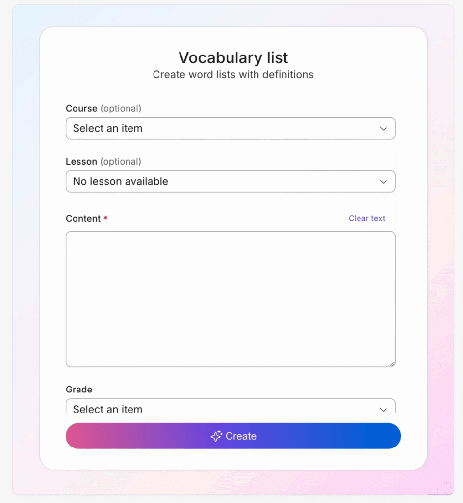 Screenshot of AI teaching assistant vocabulary list feature to help teachers build word lists and definitions for classroom use.