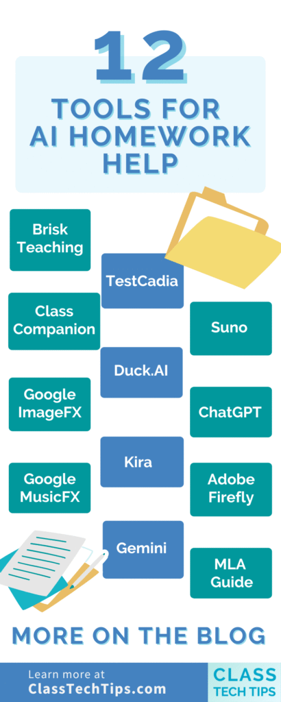 ClassTechTips.com infographic listing classroom-friendly tools for AI homework help to support students after school, including Kira, Brisk Teaching, and ChatGPT.