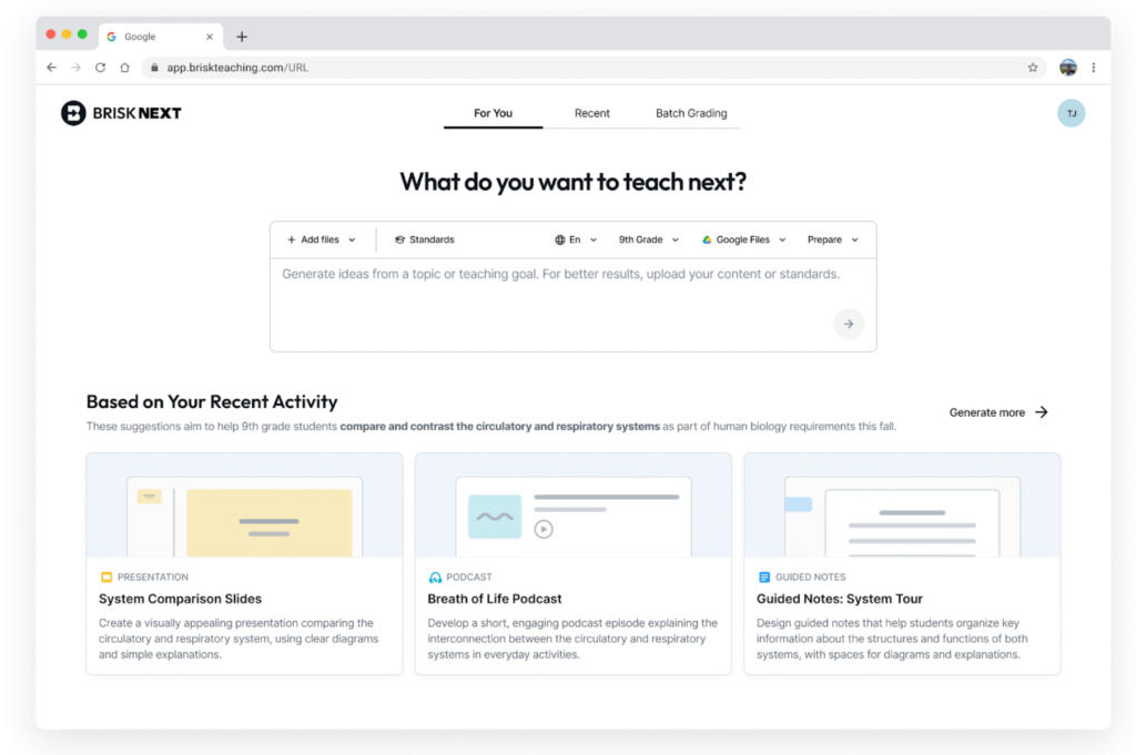 Brisk Teaching’s feedback tools for teachers shown inside Google Docs, including rubric-based and targeted feedback options.