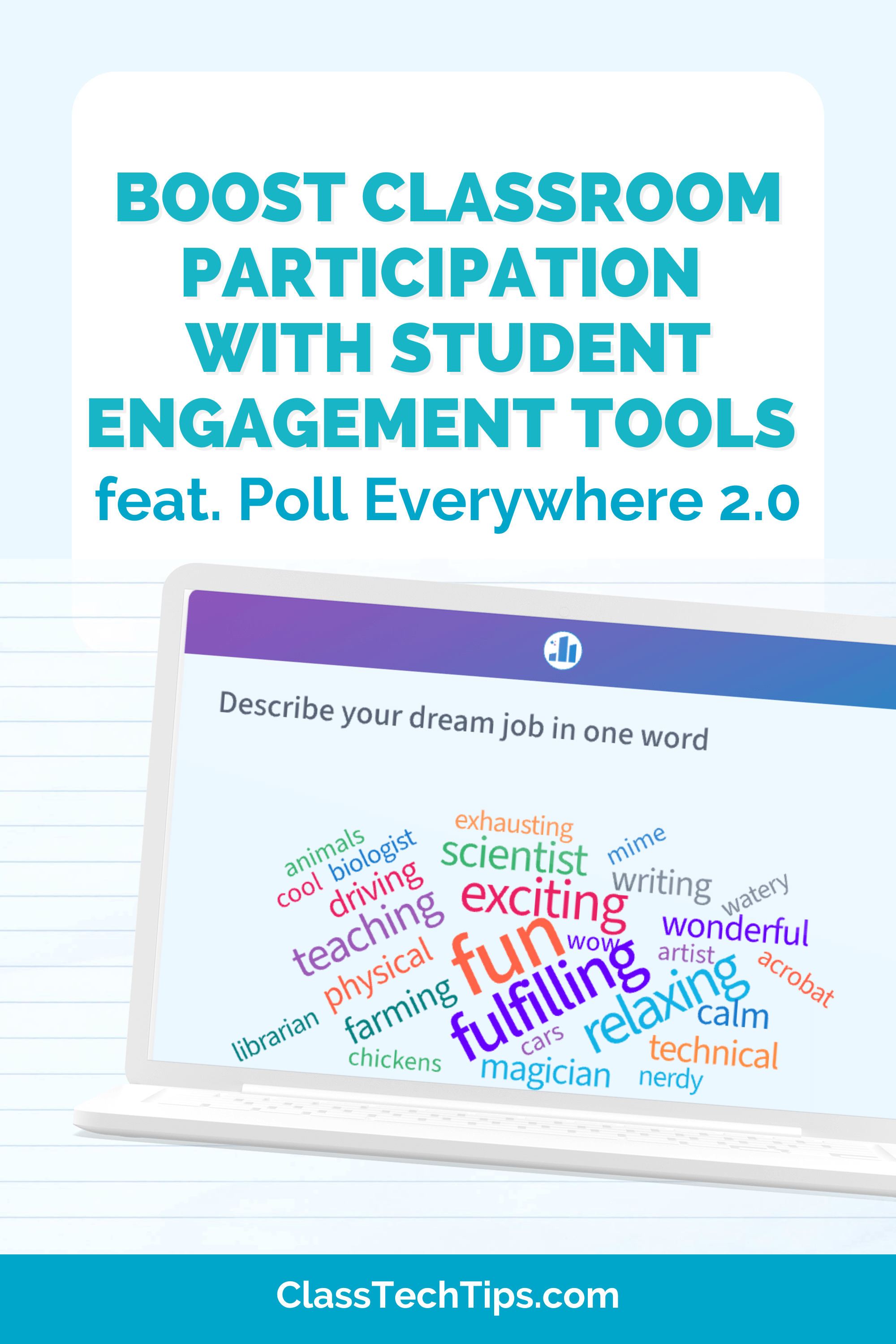 Blog post graphic on student engagement tools showing Poll Everywhere 2.0 word cloud example.
