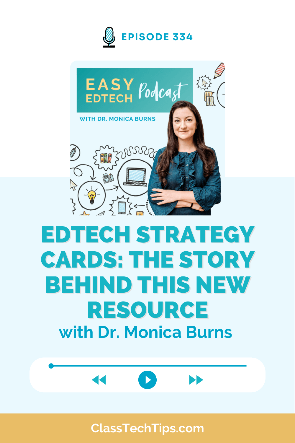 Podcast cover for Easy EdTech Podcast episode 334 with Dr. Monica Burns discussing EdTech Strategy Cards, a new resource for teachers and classrooms.