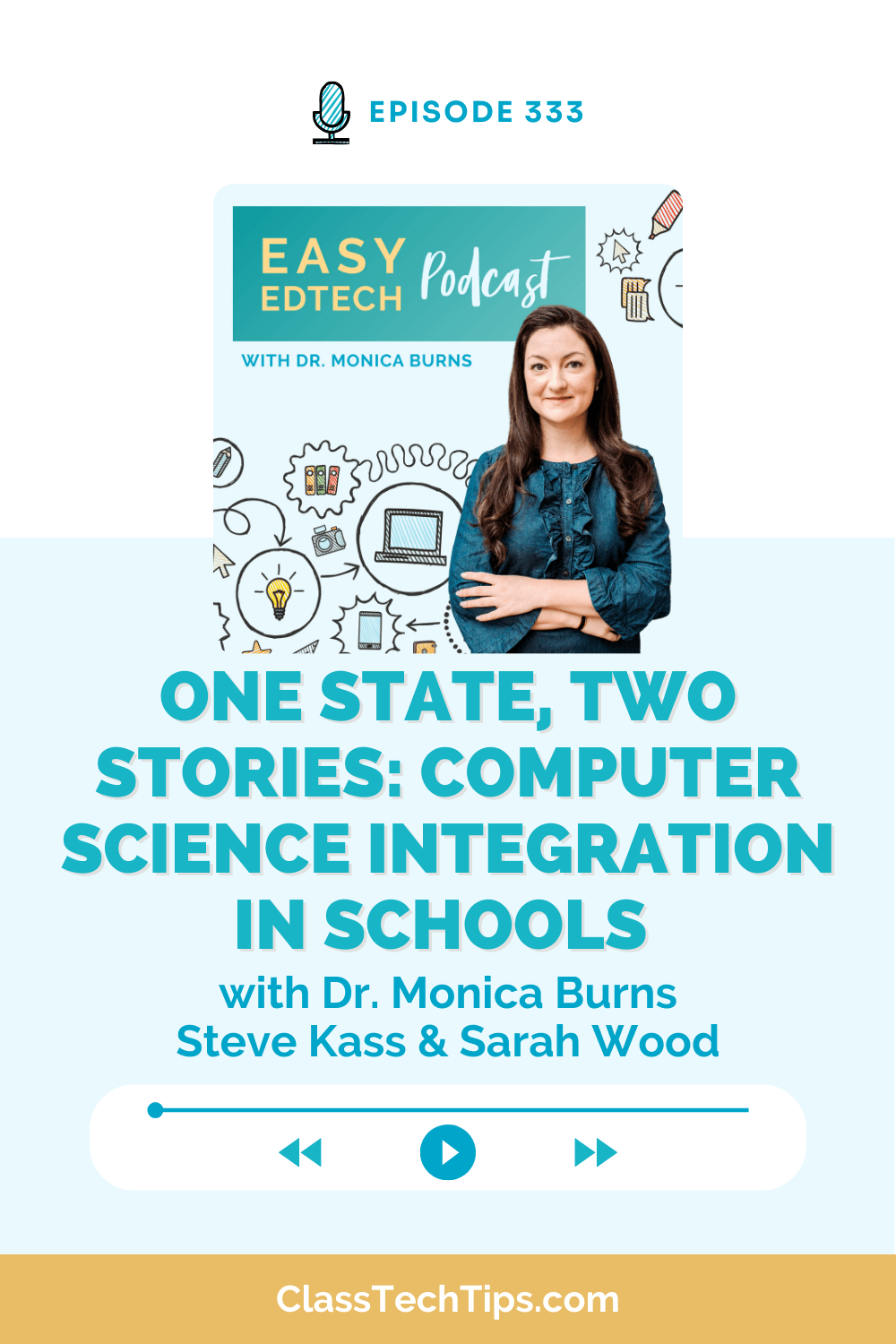Vertical promotional graphic for the Easy EdTech Podcast Episode 333 titled “One State, Two Stories: Computer Science Integration in Schools” with Dr. Monica Burns, Steve Kass, and Sarah Wood, featuring illustrated tech icons and the ClassTechTips.com website.