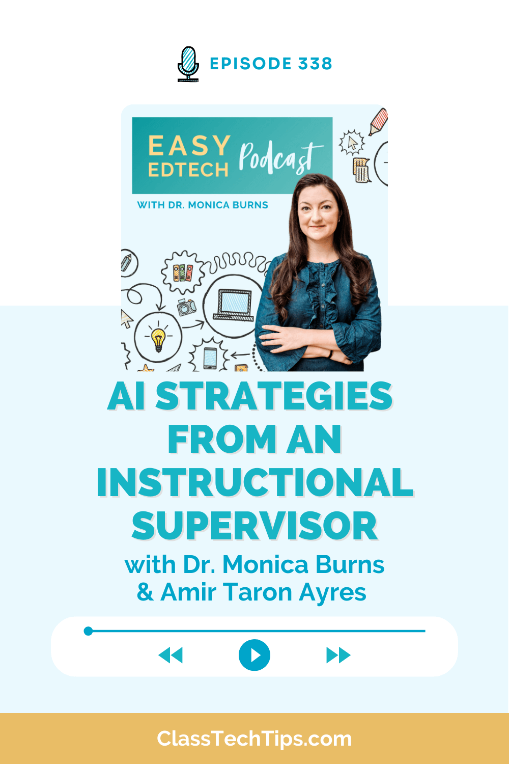 Vertical podcast cover for Easy EdTech Podcast Episode 338 featuring Dr. Monica Burns and Amir Taron Ayres, highlighting AI strategies for instructional supervisors and educators.