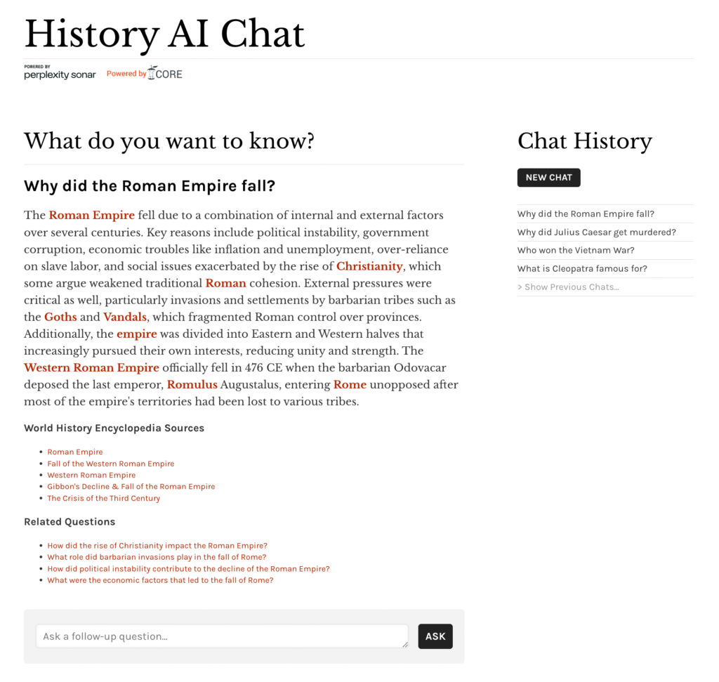 Screenshot of an AI chat for history tool answering a question about why the Roman Empire fell, featuring chat history and resources from World History Encyclopedia.