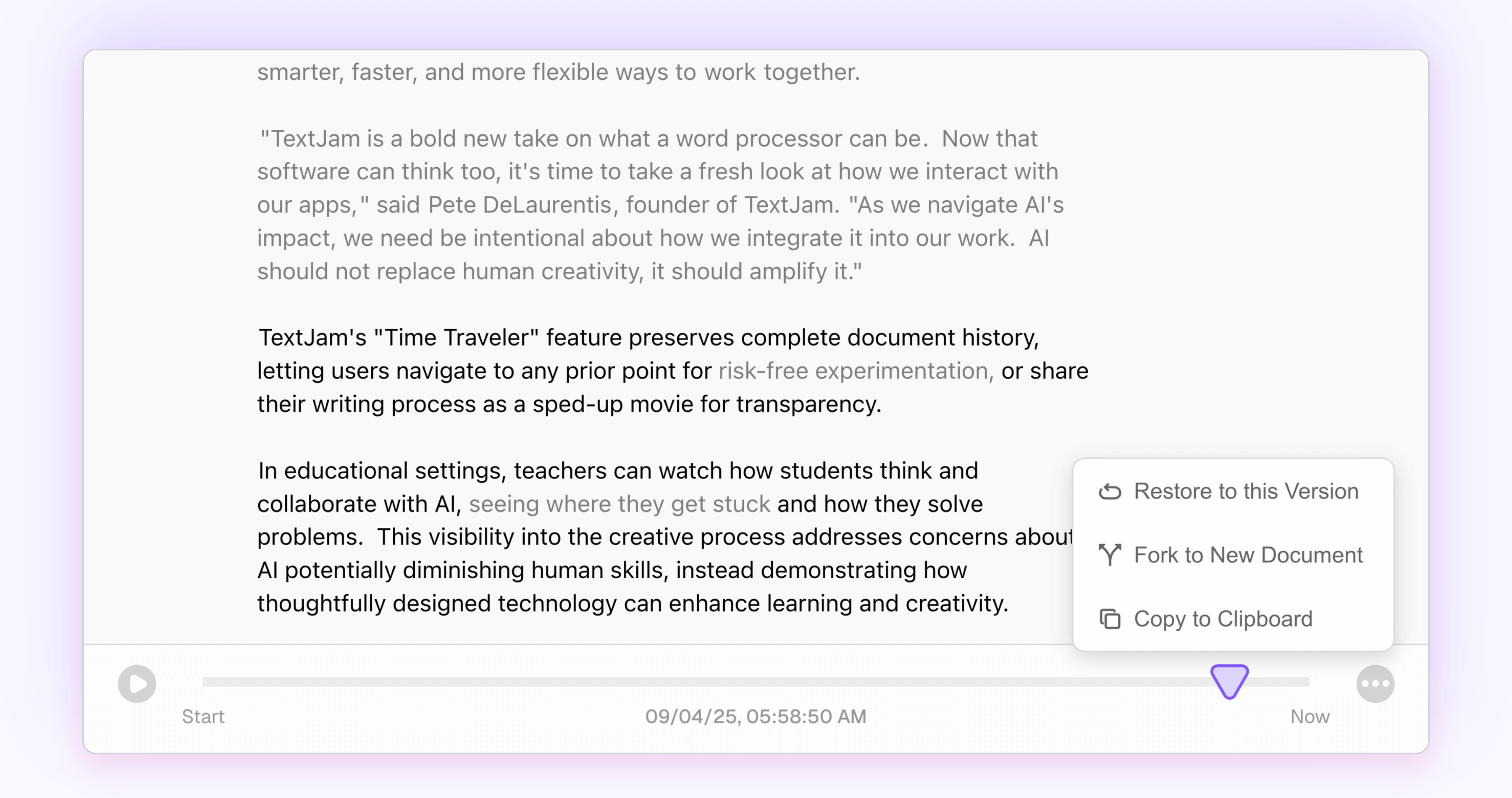Screenshot of TextJam’s Time Traveler feature showing how AI writing transparency helps teachers view students’ creative process.