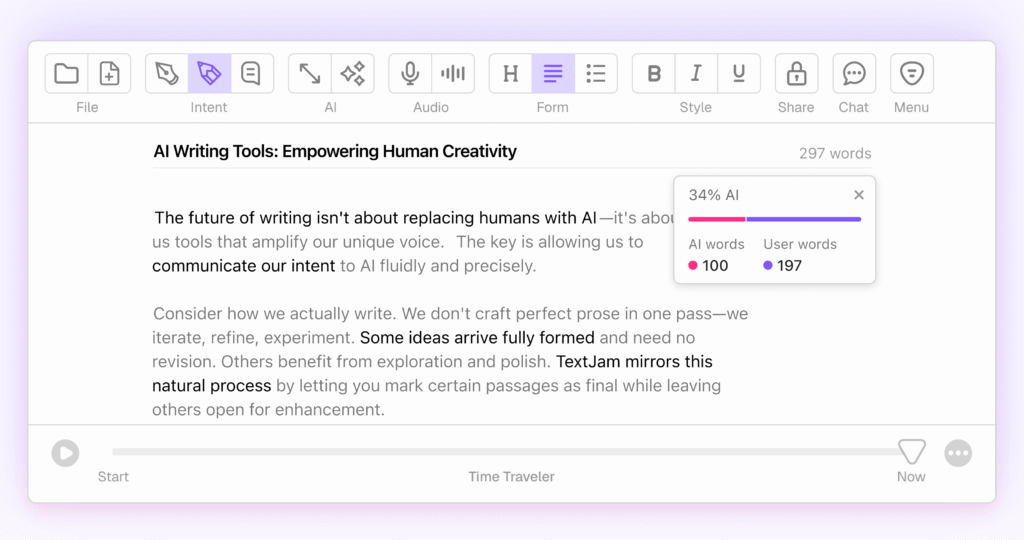 Promotional image for TextJam showcasing intuitive AI writing features designed to support creativity and transparency.