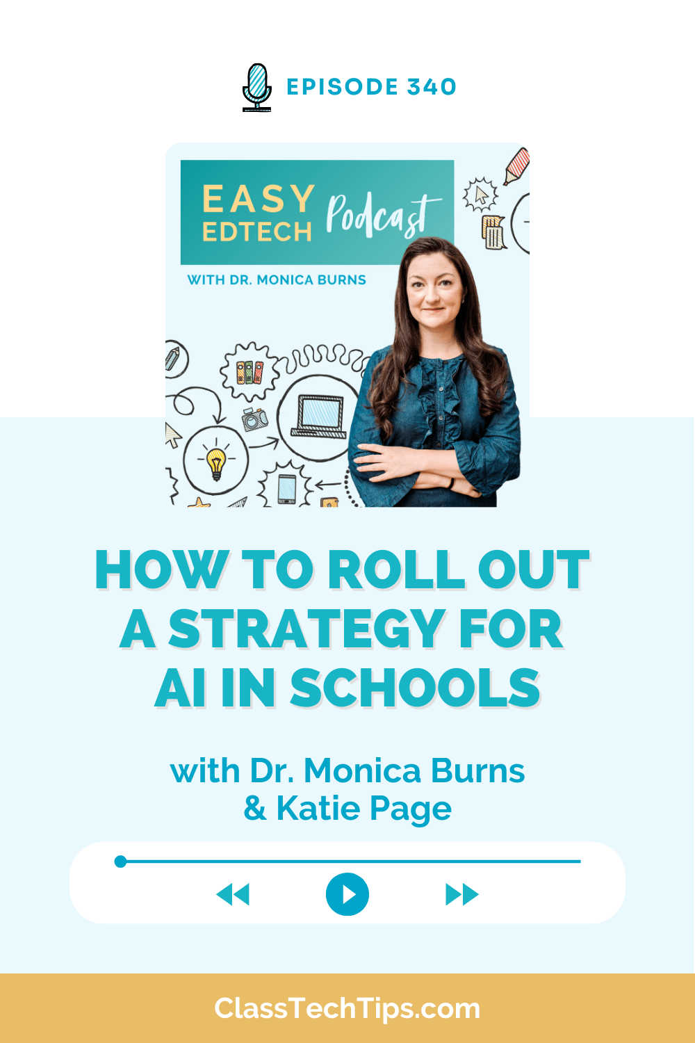 asy EdTech Podcast graphic featuring Dr. Monica Burns, highlighting Episode 340 on how to create and implement a districtwide strategy for AI in schools.