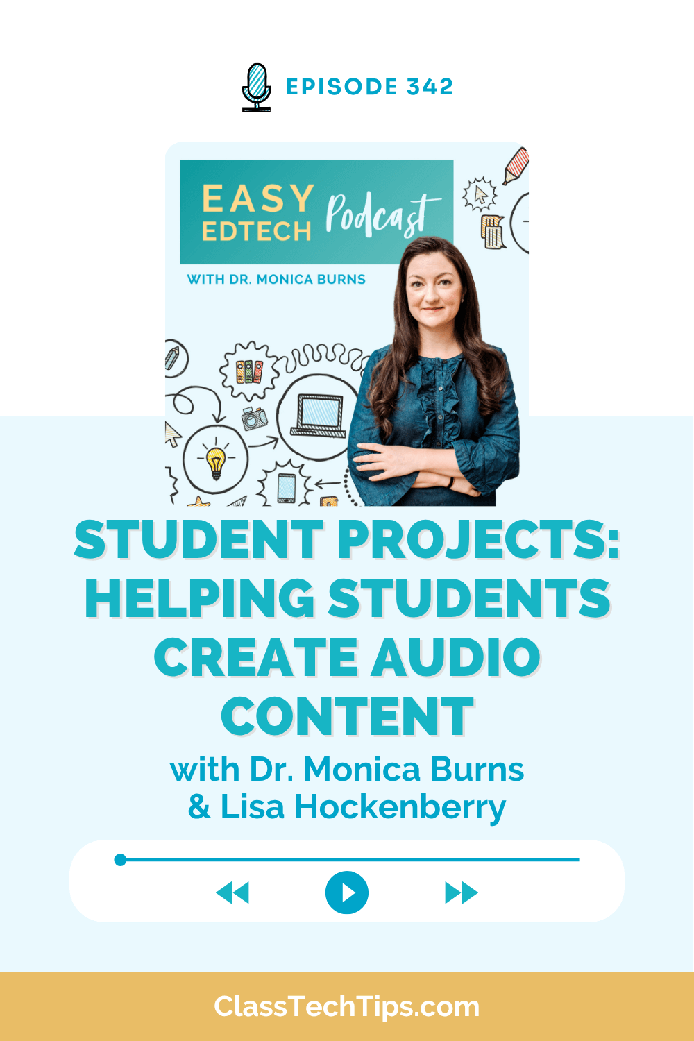 Podcast cover for Easy EdTech Podcast Episode 342 featuring Dr. Monica Burns and Lisa Hockenberry discussing student projects and how to help students create audio content.